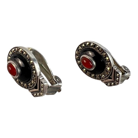 Art Deco Style Sterling Marcasite Onyx Carnelian Clip On Earrings Heirloom 73 - Picture 2 of 5